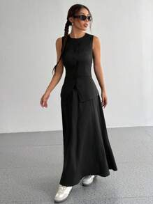 Flirla Women 2 Pieces Set, Casual Front Button Tank Top And Solid Color A-Line Skirt, Suitable For Commuting, Autumn - Black - View 6