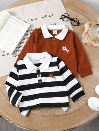 SHEIN 2 件装男婴休闲 Polo 衫，条纹拼色设计，长袖，四季皆宜，适合户外玩耍或日常居家穿着