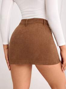 Women's Solid Color Front Button Pocket Minimalist A-Line Skirt, Casual Daily Wear - Coffee Brown - View 2