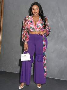 Slaydiva Plus Size V-Neck Long Sleeve All-Over Print Top And Pants Casual 2 Pieces Set - Multicolor - View 1