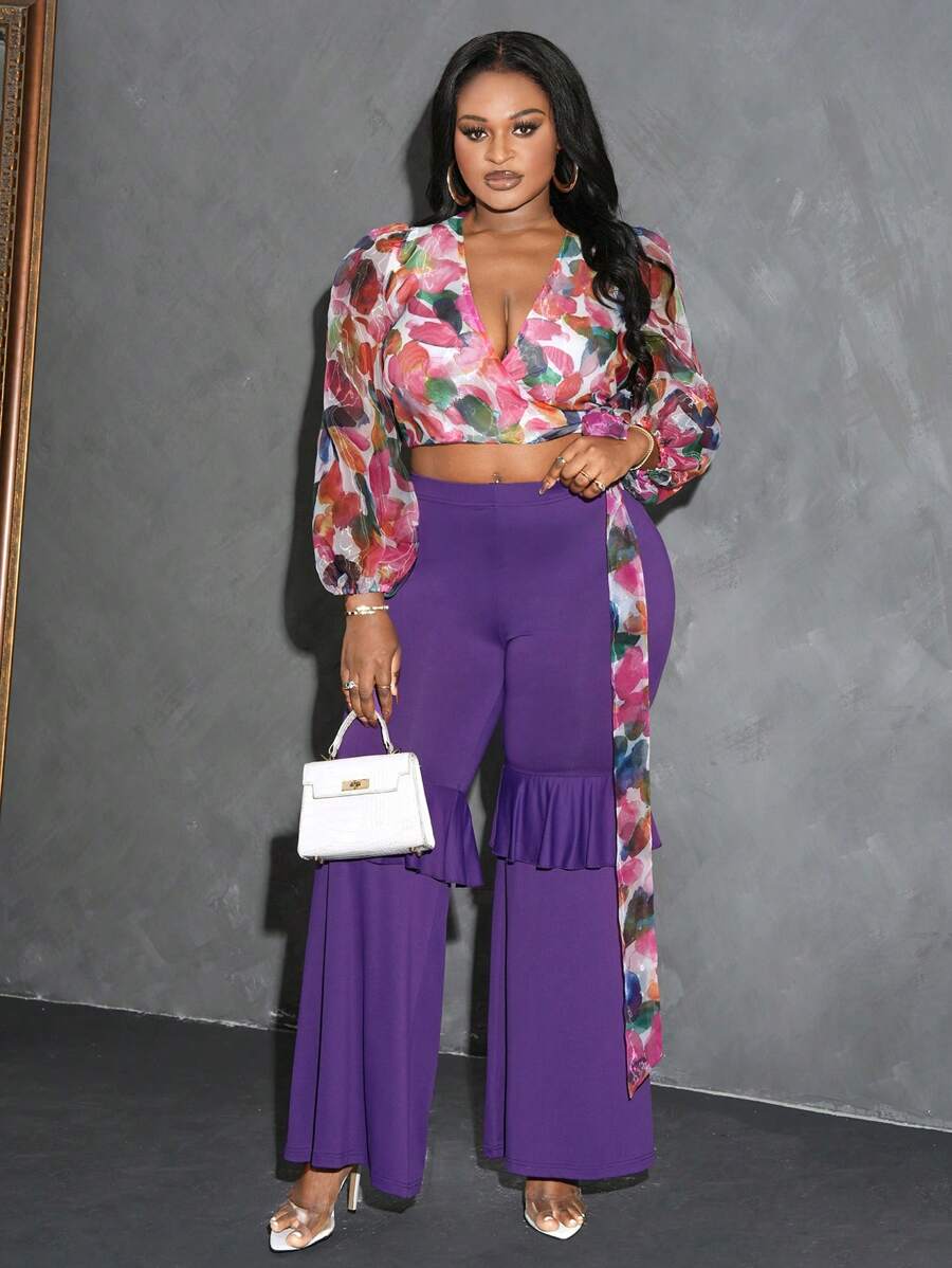 Slaydiva Plus Size V-Neck Long Sleeve All-Over Print Top And Pants Casual 2 Pieces Set - Multicolor - View 1