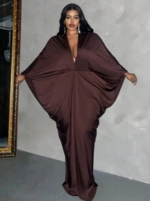 Maweii Plus Size Women's Elegant Solid Color Deep V-Neck Batwing Sleeve Dress, Suitable For Parties Maxi Women Outfit - Brown - View 5