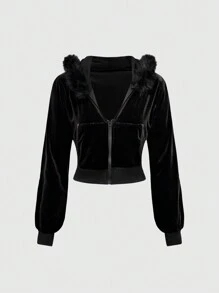 Y2K Velvet Crop Top Hoodie & Flare Pants 2 Pieces Set For Women