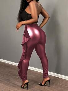 Slaydiva Pantalones plisados con volantes y acabado metálico de unicolor minimalista para mujeres