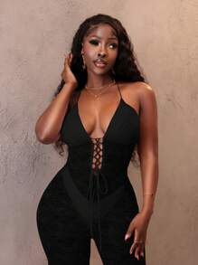 Slaydiva Bộ đồ liền thân ren mỏng hở lưng có thể điều chỉnh gợi cảm & ngọt ngào với ống quần loe - màu đen - Xem 8