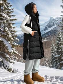 SHEIN EZwear Women's New Solid Color Hooded Sleeveless Mid-Length Down& Feathers Vest With Pockets, Winter - Black - View 7