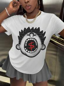 SHEIN Women's Cartoon Character Printed Short Sleeve Loose Fit T-Shirt,Graphic Tee Graphic Tees Women Tops - White - View 3