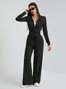 SHEIN Tall 休闲街头灰色连帽中前拉链紧身上衣+阔腿裤两件套 - 黑色 - 查看 5