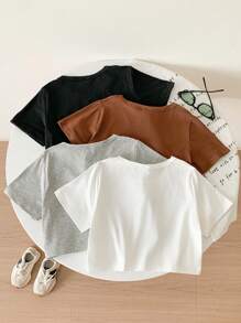 SHEIN Tween Girl 4pcs Round Neck Tee