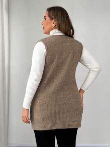 Franclia Plus Size V-Neck Pockets Solid Color Casual Comfortable Knitted Vest Sweater For Women, French Style