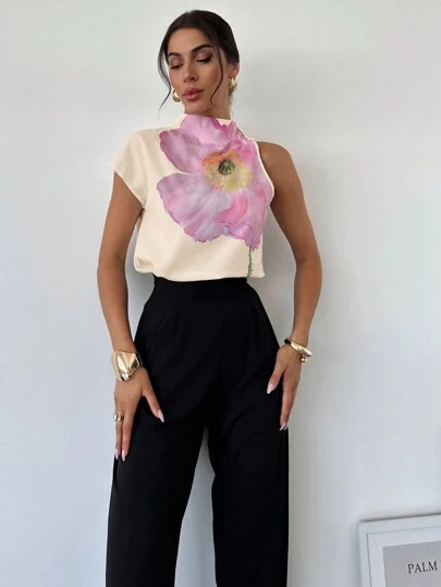 Firerie 1pc Women's Shoulder Strap Printed Elegant Vacation Blouse