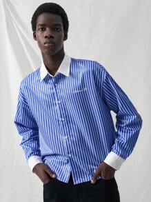 Manfinity VCAY Camisa casual urbana de colores block, de manga larga, con ajuste holgado y tejida, adecuada para jóvenes - Azul - Ver 4