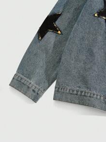 ROMWE MEN Street Life Men's Autumn Letter & Pentagram Pattern Long Sleeve Zip Up Casual Denim Jacket - Black - View 4