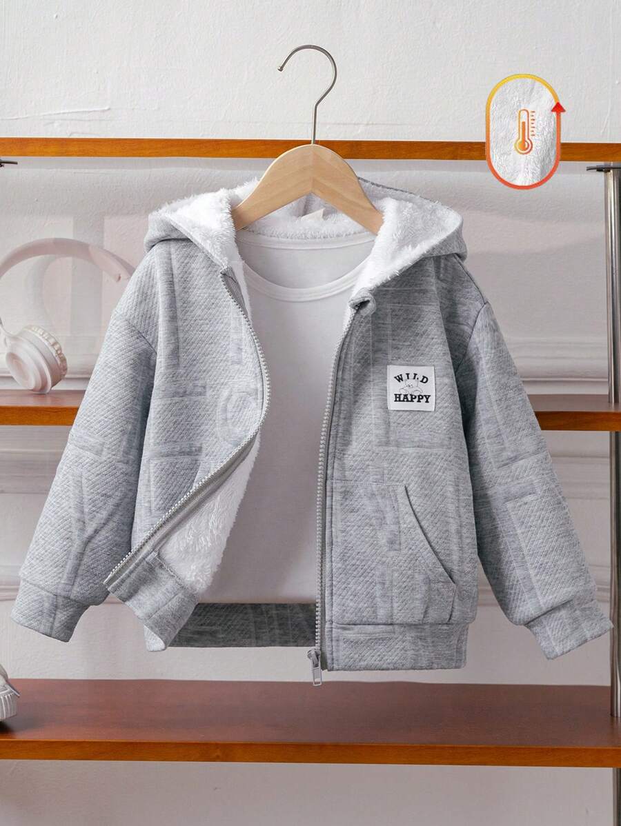 SHEIN 1 件年轻男孩休闲校园风格宽松图案连帽衫，适合秋冬季、居家、街头和学校 - 灰色 - 查看 1