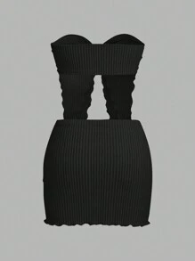 SHEIN ICON 2pcs/Set Women Strapless Double Hem Top And Low Waist Mini Skirt Set - Black - View 8