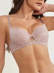 DesireSculpt 女士花朵蕾丝拼接镂空时尚文胸 - 淺灰紫 - 查看 8