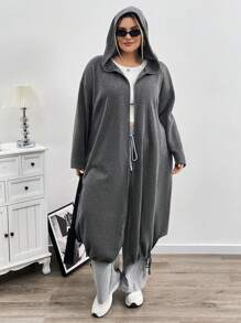 SHEIN CURVE+ 大码女式秋冬拉链斜口袋连帽运动衫夹克 - 灰色 - 查看 6