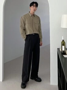 DAZY 1 pieza Camisa casual de un solo pecho con bolsillo utilitario de unicolor y manga larga para hombres, otoño