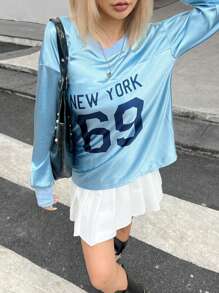 INAWLY Women Casual Letter & Number Print Long Sleeve T-Shirt, Autumn - Blue - View 3