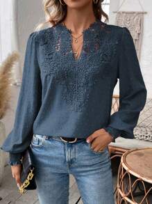 SHEIN PETITE Áo sơ mi dài tay cổ chữ V ren chắp vá màu trơn cho nữ - Màu xanh lam - Xem 6