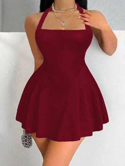 VaVaBold Vestido corto sin mangas de unicolor para mujer, atuendo casual y de uso diario en color borgoña