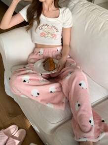 DAZY 可爱动物图案加厚法兰绒宽松蓬松裤，秋冬皆宜，舒适保暖 - 粉色 - 查看 8