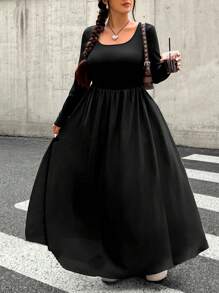 SHEIN EZwear 大码女式方领长袖休闲连衣裙，纯色，秋季 - 黑色 - 查看 1