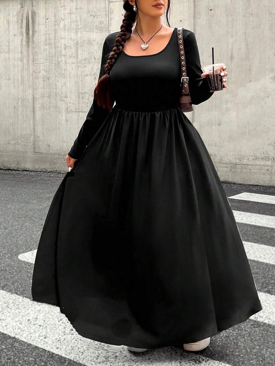 SHEIN EZwear 大码女式方领长袖休闲连衣裙，纯色，秋季 - 黑色 - 查看 1