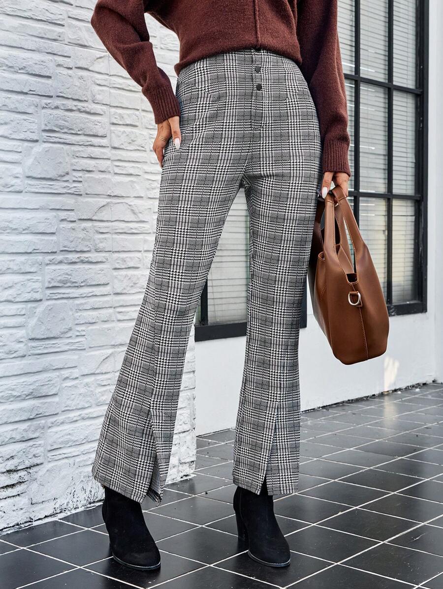 EMERY ROSE Women's Front Button Plaid Suit Pants, Casual Daily Wear - Grey - View 1
