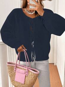 Chiquease Cárdigan de punto de unicolor con cinturón anudado delantero para mujer, se puede usar sobre una camiseta - azul real - Ver 1