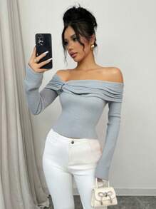 Selianne 1 pieza Camiseta de mujer de punto acanalado con hombros abiertos, diseño que resalta la figura - Gris - Ver 5