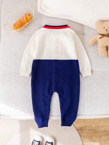 SHEIN Newborn Baby Boys/Girls Casual Cute Bear Graphic Contrast Color Warm Sweater Jumpsuit, Suitable For Autumn/Winter Indoor & Outdoor Wear
