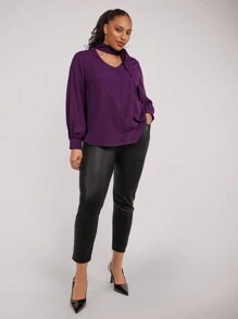 SHEIN Clasi Plus Size Dark Purple Ruffle Collar Blouse, Office Lady Autumn - Purple - View 5