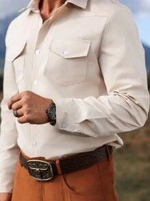 Manfinity Nomadique Men's Solid Color Plain Button-Front Long Sleeve Pocket Casual Collar Shirt, For Cowboy, Going Out