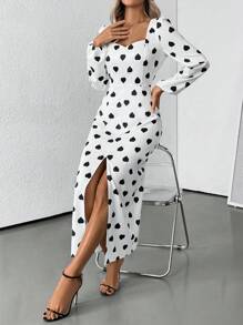 SHEIN Unity Robe longue élégante aux femmes avec motif cœur et fente au bas - Blanc - Voir 6