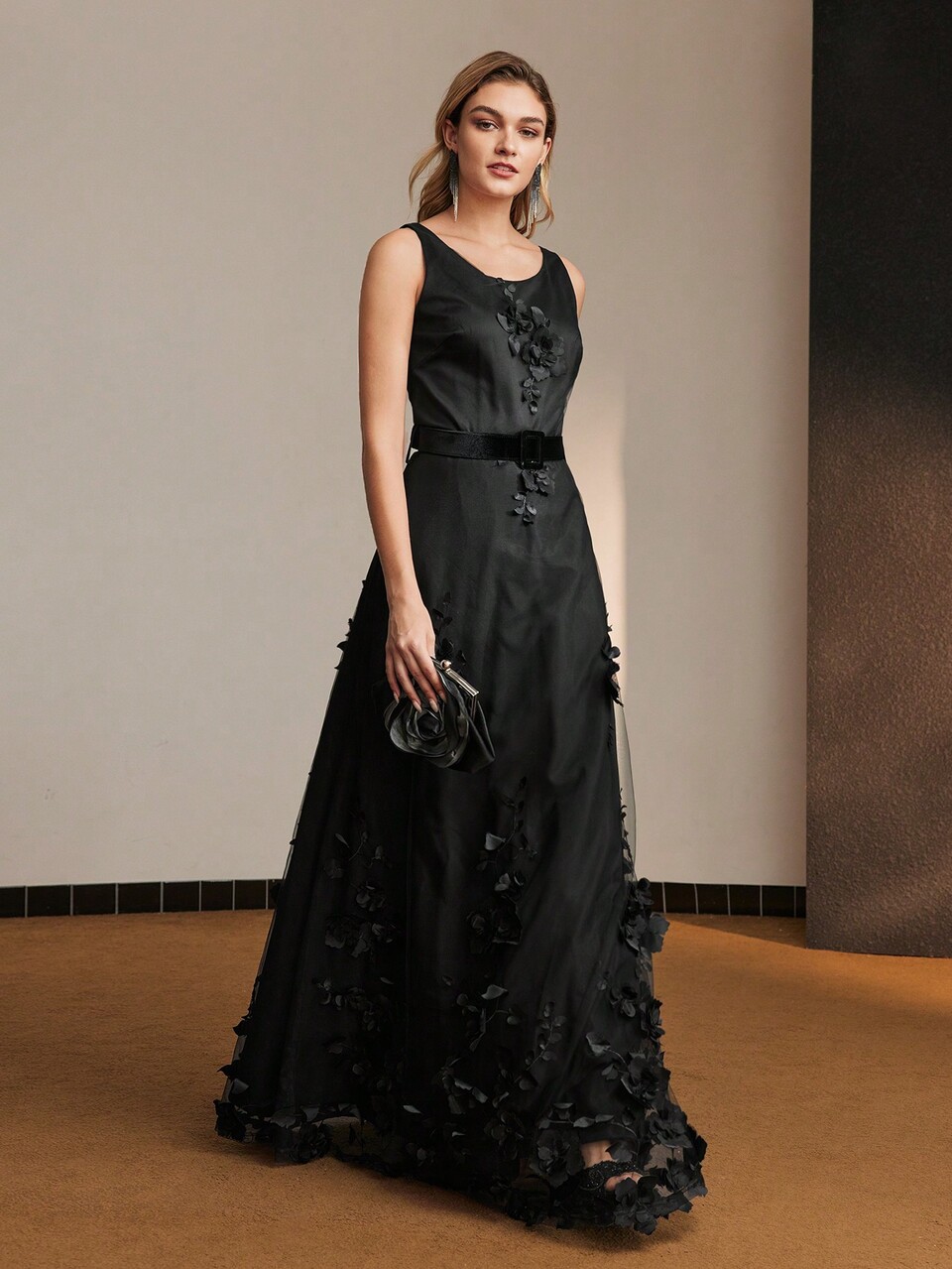 MESH APPLIQUES OVERLAY BUCKLE BELTED FORMAL EVENING DRESS GOWN