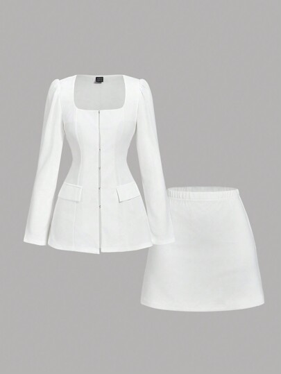 SHEIN MOD White Square Collar Hook Fastening Long Blazer And Skirt Suit Set, Women Clothes