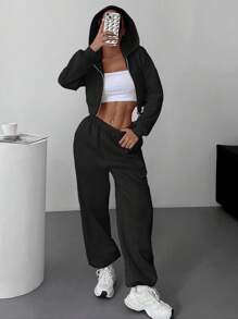 SHEIN EZwear 黑色针织女式休闲运动服 - 黑色 - 查看 3