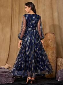 SHEIN Belle 女装时尚秋冬宴会派对公主名媛优雅网红流行连衣裙日常可穿烫金网眼面料双层修身收腰A字显瘦超长超长连衣裙，领口交叉设计时尚显瘦扭纹设计连衣裙，蓝色连衣裙正式晚宴连衣裙，圣诞节可穿圣诞连衣裙，半正式舞会礼服，适合生日、婚礼嘉宾、毕业典礼、返校节 - 藍色 - 查看 2