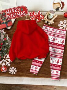 SHEIN 2pcs/Set Christmas Baby Girl Red Autumn Funny Graphic Reindeer & Santa Claus Fair Isle Drop Shoulder Hoodie Sweatshirt And Leggings Birthday Set - Multicolor - View 2