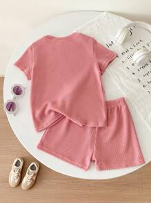SHEIN Genkimix Kids Young Girl Letter Patched Detail Tee & Shorts Summer Holiday