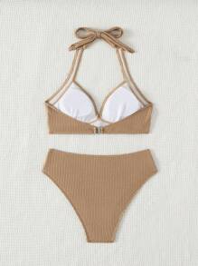 SHEIN Swim Textured Fabric V-Neck Twist Front Top And Regular Shorts 2PCS Women Bikini Set, Vacation Style Summer