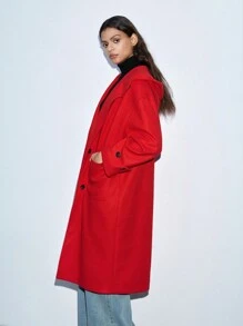 Maija 1pc Women Solid Color Front Buttoned Long Sleeve Pocket Casual Jacket, Minimalist Daily Wear - Red - View 2