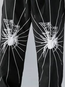 Manfinity EMRG Heren Casual Spinnenprint Trekkoord Taille Schuine Zak Losse Rechte Broek, Uitgaan Horror Lange Kleurblok Broek, Voor Echtgenoot, Vriendje Cadeaus