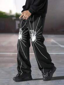 Manfinity EMRG Heren Casual Spinnenprint Trekkoord Taille Schuine Zak Losse Rechte Broek, Uitgaan Horror Lange Kleurblok Broek, Voor Echtgenoot, Vriendje Cadeaus