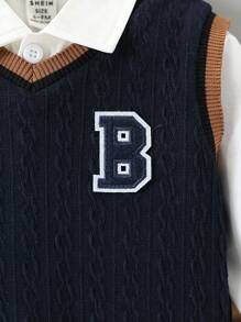 Souflis Souflis 3pcs Baby Boy Cute Collegiate Style Letter Embroidered Knit Vest, Long Sleeve Shirt & Brown Suit Pants Set, Gentleman Style Outfit, Warm & Elegant For Autumn/Winter, Suitable For Occasions Like Parties, Weddings, School Season - Royal Blue - View 8