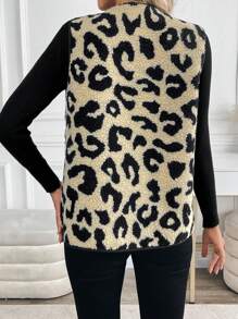 SHEIN LUNE Women Regular Leopard Print Teddy Fleece Vest Jacket (Random Pattern Cutting) - Khaki - View 2