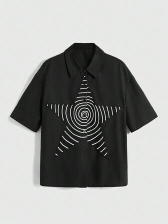 Grunge Punk Camisa holgada de manga media con parche de estrella de cinco puntas de estilo casual punk y a cuadros para mujer