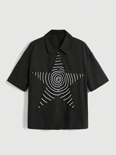 Grunge Punk Chemise ample à manches mi-longues, style décontracté punk de rue, avec patch pentagramme surdimensionné et motif à carreaux, pour femmes