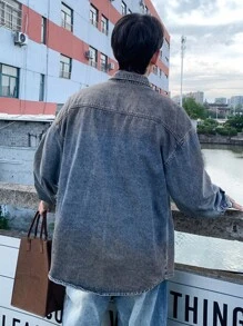 Manfinity Hypemode Men's Washed Navy Loose Fit Drop Shoulder Distressed Designer Button Up Long Sleeve Denim Shirt, For Party, Friends